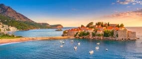 old town and beach sveti stefan sea island, budva, montenegro, europe